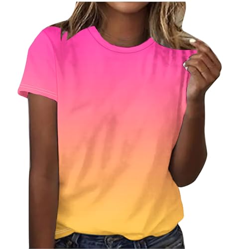 EMATOP Tie Dye Tshirt Damen Lässige Elegant Bluse Tops Basic Rundhals Oberteile Lässiges Baumwolle Tunika Longshirt Bunte Farbverlauf Kurzarm Sommershirts Weich Bequem Sportshirt Laufshirt von EMATOP