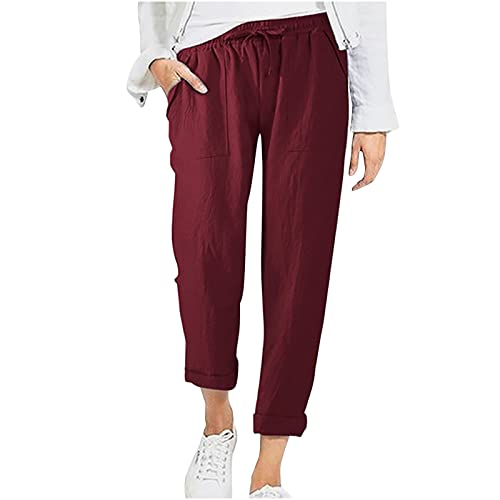 EMATOP Leichte Sommerhose Damen Casual Sport Stoffhose Einfarbig Elegant Haremshose Casual Lose Leinenhose Baumwolle Atmungsaktiv Freizeithose High Waist Sporthose mit Taschen Strandhose von EMATOP
