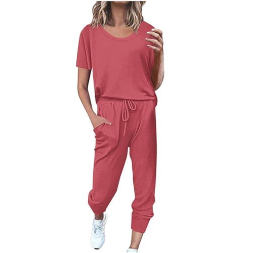 EMATOP Sportanzug Damen Sommer Kurzarm Tracksuit Casual Baumwolle Trainingsanzug 2 Teilig Einfarbig Jogginganzug Lose T-Shirt Top und Hose Freizeitanzug mit Taschen Sportswear für Running Yoga von EMATOP