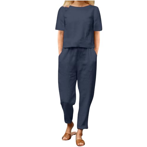 EMATOP Leinen Outfits Damen Leicht Baumwolle Hosenanzug 2 Teiler Bluse Tshirt und Lange Hosen Freizeitanzug Casual Einfarbig Jogginganzug Leicht Atmungsaktiv Sportanzug Lose Elegant Tracksuit von EMATOP