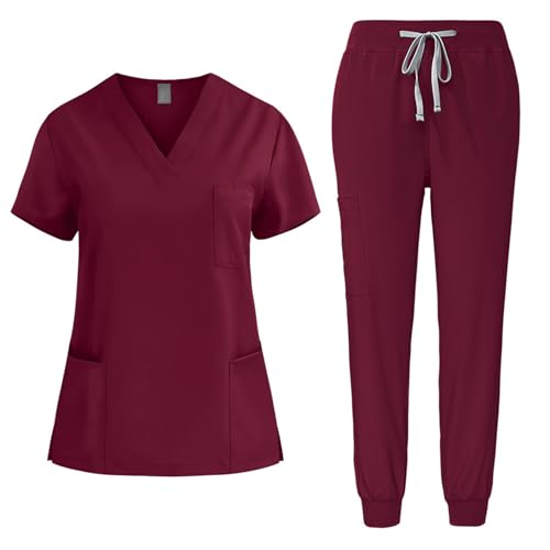 EMATOP Medizinische Uniform Set Damen Medical Schrubb-Set Zweiteiler Business Kasack und Hose Outfit Einfarbig Lässig Pflege Berufsbekleidung 2-Teilige Oberteil Schlupfhose Arbeitskleidung von EMATOP