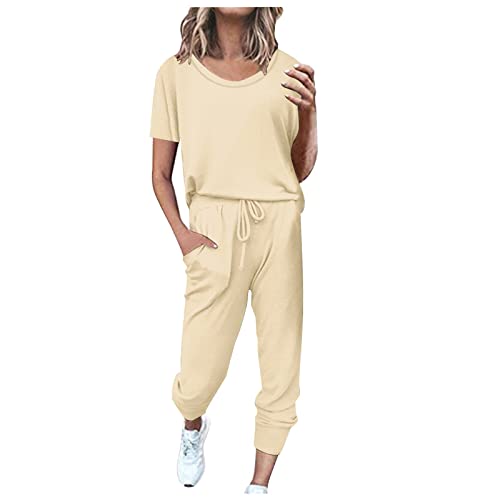 EMATOP befristetes angebot heute Sportanzug Damen Sommer Kurzarm Tracksuit Casual Baumwolle Trainingsanzug 2 Teilig Einfarbig Jogginganzug Lose T-Shirt Top und Hose Freizeitanzug Taschen Sportswear von EMATOP