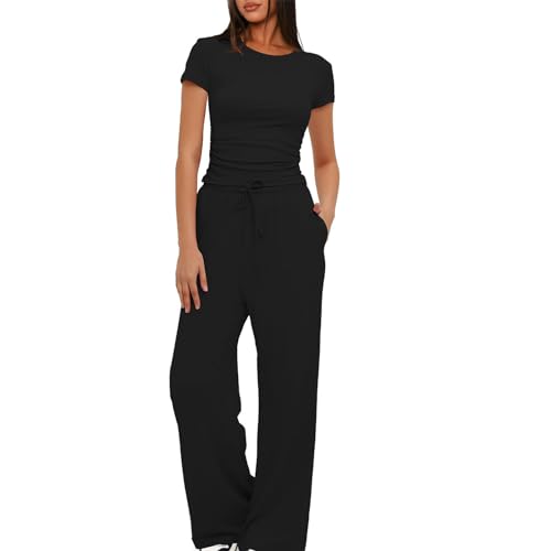 EMATOP Zweiteiler Damen Sommer Elegant Hosenanzug Casual Kurzarm Crop Top + Weite Hose Tracksuit Einfarbig 2 Teiler Jogginganzug Baumwolle Freizeitanzug mit Taschen Sportanzug Trainingsanzug von EMATOP