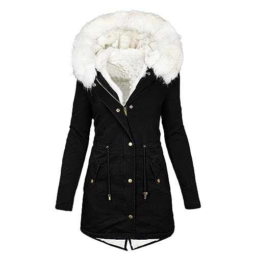 EMATOP black friday angebote Jacke Damen Winter Warme Fleecejacke Lang Baumwolle Steppjacke Gefüttert Fleece Winterjacke mit Kapuze Pufferjacke Casual Langarm Wintermantel Elegant Winterparka Mantel von EMATOP