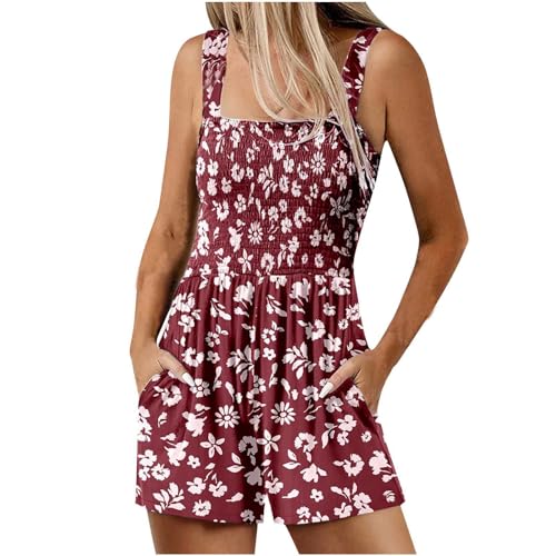 Sommer Kurz Jumpsuit für Damen Elegant Boho Overalls Lässige Ärmellos Latzhose Bunte Blumen Muster Playsuit Baumwolle Locker Einteiler Romper High Waist Arbeitshose mit Taschen Shorts von EMATOP