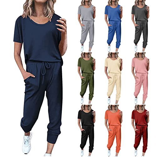 EMATOP blitzangebote Sportanzug Damen Sommer Kurzarm Tracksuit Casual Baumwolle Trainingsanzug 2 Teilig Einfarbig Jogginganzug Lose T-Shirt Top und Hose Freizeitanzug Taschen Sportswear von EMATOP