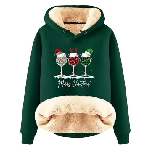 EMATOP blitzangebote des Tages Weihnachts Hoodie Damen Warm Gefütterte Kapuzenpullover Lässige Sports Sweatshirt Lustig Rotweinglas Druck Weihnachtspullover Langarm Pullover Weihnachtspulli von EMATOP