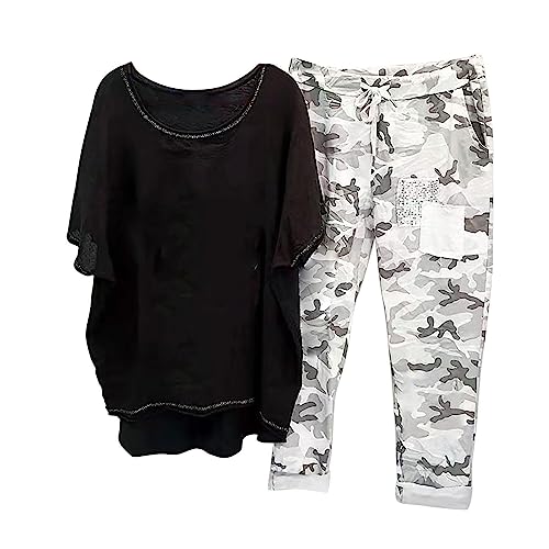 EMATOP blitzangebote des tages 2-Teiliges Leinenanzug Damen Sommer Tshirt Top und Weite Beine Hose Freizeitanzug Casual Baumwolle Hosenanzug Zweiteiler Vintage Sportanzug Yoga Outfits von EMATOP