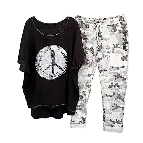 EMATOP blitzangebote des tages 2-Teiliges Leinenanzug Damen Sommer Tshirt Top und Weite Beine Hose Freizeitanzug Casual Baumwolle Hosenanzug Zweiteiler Vintage Sportanzug Yoga Outfits von EMATOP