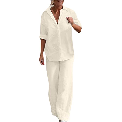 EMATOP blitzangebote des tages Damen Baumwolle Leinen Freizeitanzug Elegant Locker Hosenanzug Sommer Casual Sportanzug Leicht Bluse Tops Weites Bein Tracksuit Anzug Taschen Loungewear von EMATOP