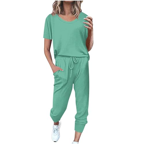 EMATOP blitzangebote des tages Damen Sportanzug Set Zweiteiler Sommer Jogginganzug Casual Einfarbig Trainingsanzug Kurzarm Baumwolle Freizeitanzug Rundhals Hausanzug Tops Sporthose Fitness Tracksuit von EMATOP