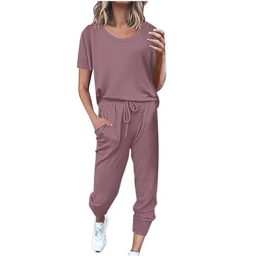 EMATOP Sportanzug Damen Sommer Kurzarm Tracksuit Casual Baumwolle Trainingsanzug 2 Teilig Einfarbig Jogginganzug Lose T-Shirt Top und Hose Freizeitanzug mit Taschen Sportswear für Running Yoga von EMATOP
