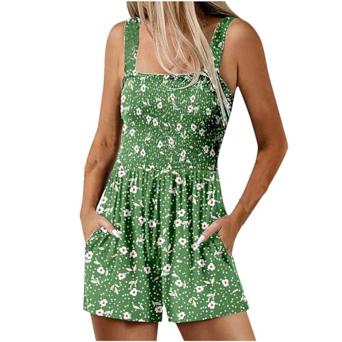 Sommer Kurz Jumpsuit für Damen Elegant Boho Overalls Lässige Ärmellos Latzhose Bunte Blumen Muster Playsuit Baumwolle Locker Einteiler Romper High Waist Arbeitshose mit Taschen Shorts von EMATOP