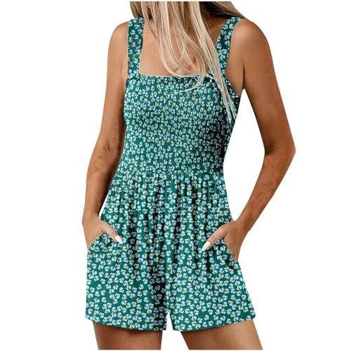 Sommer Kurz Jumpsuit für Damen Elegant Boho Overalls Lässige Ärmellos Latzhose Bunte Blumen Muster Playsuit Baumwolle Locker Einteiler Romper High Waist Arbeitshose mit Taschen Shorts von EMATOP