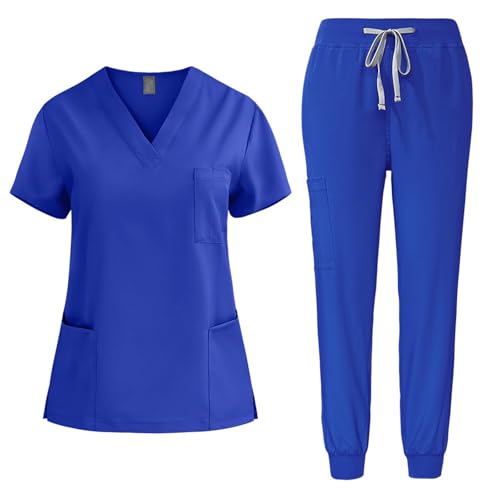 EMATOP Medizinische Uniform Set Damen Medical Schrubb-Set Zweiteiler Business Kasack und Hose Outfit Einfarbig Lässig Pflege Berufsbekleidung 2-Teilige Oberteil Schlupfhose Arbeitskleidung von EMATOP