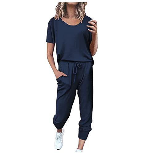 EMATOP Sportanzug Damen Sommer Kurzarm Tracksuit Casual Baumwolle Trainingsanzug 2 Teilig Einfarbig Jogginganzug Lose T-Shirt Top und Hose Freizeitanzug mit Taschen Sportswear für Running Yoga von EMATOP