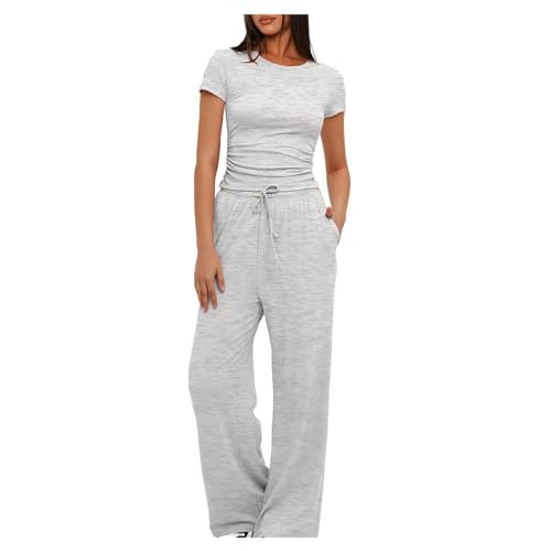 EMATOP premium marken Zweiteiler Damen Sommer Elegant Hosenanzug Casual Kurzarm Crop Top + Weite Hose Tracksuit Einfarbig 2 Teiler Jogginganzug Baumwolle Freizeitanzug Sportanzug von EMATOP