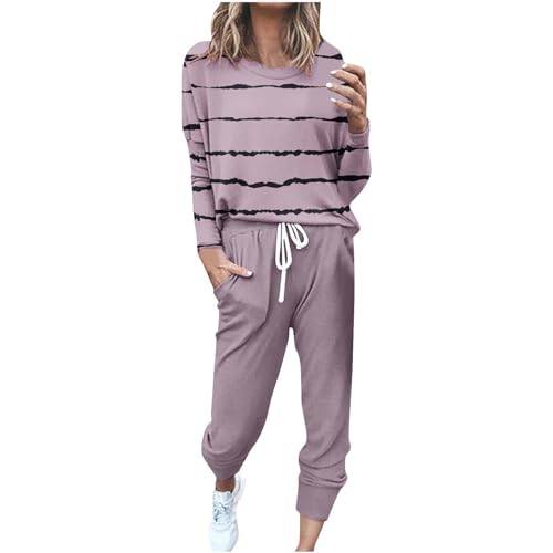 EMATOP prime angebote Damen Tracksuit Langarm Rundhals Trainingsanzug Casual Zweiteiler Outfit Sport Sweatshirt und Lange Hose Jogginganzug Streifen Sportswear Langarmshirt & Jogginghose von EMATOP