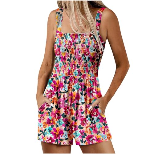 Sommer Kurz Jumpsuit für Damen Elegant Boho Overalls Lässige Ärmellos Latzhose Bunte Blumen Muster Playsuit Baumwolle Locker Einteiler Romper High Waist Arbeitshose mit Taschen Shorts von EMATOP