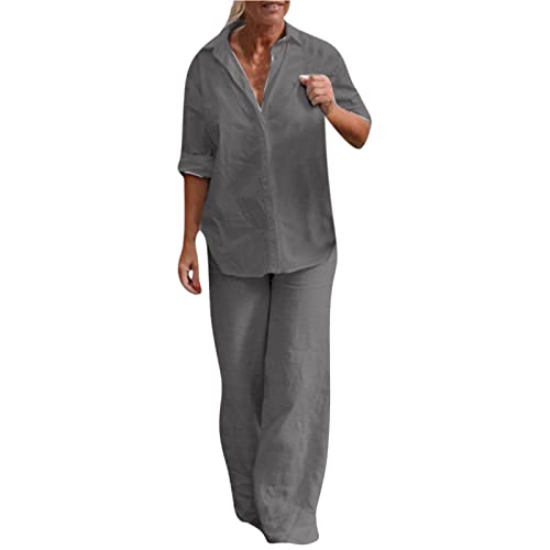 EMATOP sale online Damen Baumwolle Leinen Freizeitanzug Elegant Locker Hosenanzug Sommer Casual Sportanzug Leicht Bluse Tops Weites Bein Tracksuit Anzug Taschen Loungewear von EMATOP