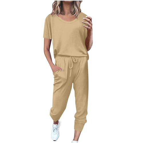 EMATOP sale online Traingsanzug Damen Zweiteilige Sport Freizeitanzug Sommer Lose Jogginganzug Kurzarm Top und Hose Sportanzug Baumwolle Leicht Hausanzug Lässig Einfarbig Schlafanzug von EMATOP