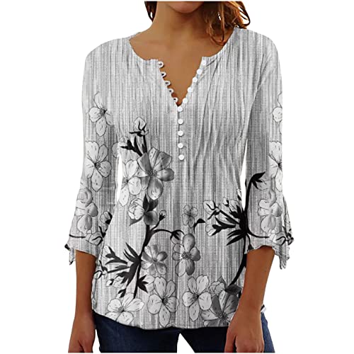 Falten Longshirt Damen 3/4 Arm Elegant T-Shirt Lässig V-Ausschnitt Tunika Shirt Locker Baumwolle Oberteile Sommer Sport Bluse Tops Blumen Schmetterling Druck Sommershirts Sportshirt von EMATOP
