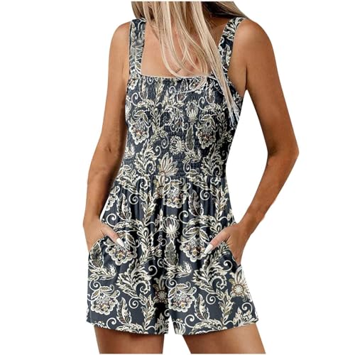 Sommer Kurz Jumpsuit für Damen Elegant Boho Overalls Lässige Ärmellos Latzhose Bunte Blumen Muster Playsuit Baumwolle Locker Einteiler Romper High Waist Arbeitshose mit Taschen Shorts von EMATOP