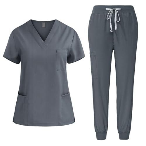EMATOP Medizinische Uniform Set Damen Medical Schrubb-Set Zweiteiler Business Kasack und Hose Outfit Einfarbig Lässig Pflege Berufsbekleidung 2-Teilige Oberteil Schlupfhose Arbeitskleidung von EMATOP