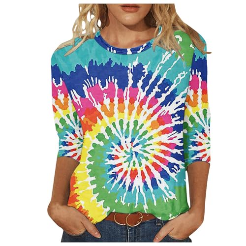 EMATOP unsere Marken 3/4 Ärmel Longshirt Damen Sommer Lässig Bluse Tunika Shirt Elegant Langarm Oberteile Bunte Tie Dye Sommershirts Locker Rundhals Tshirt Blusen & Tuniken Tops von EMATOP