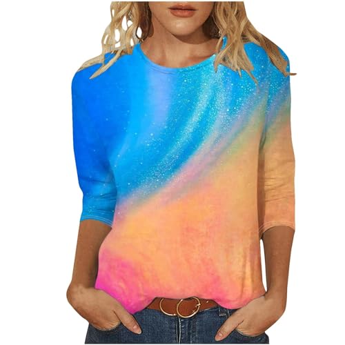 EMATOP unsere Marken 3/4 Ärmel Tunika Damen Elegant Sommer Tshirt Tie Dye Bunt Oberteile Casual Rundhals Bluse Longshirt Baumwolle Leicht Sommershirts Festliche Kurzarm Tops von EMATOP