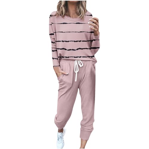 EMATOP warehouse deal Damen Tracksuit Langarm Rundhals Trainingsanzug Casual Zweiteiler Outfit Sport Sweatshirt und Lange Hose Jogginganzug Streifen Sportswear Langarmshirt & Jogginghose von EMATOP