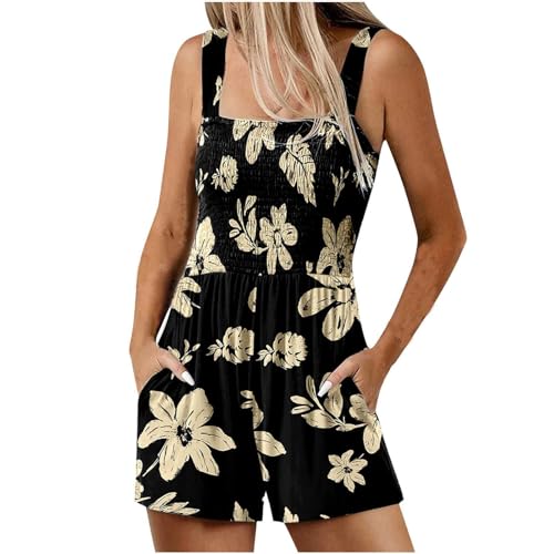 Sommer Kurz Jumpsuit für Damen Elegant Boho Overalls Lässige Ärmellos Latzhose Bunte Blumen Muster Playsuit Baumwolle Locker Einteiler Romper High Waist Arbeitshose mit Taschen Shorts von EMATOP