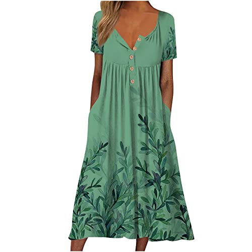 Elegant Kleider Damen A-Linie Sommerkleid Knielang V-Ausschnitt Kleider Rundhals Casual Midikleid mit Taschen Blumenkleid Plissee Loose Strandkleid Vintage Boho Maxikleider für Frauen von EMATOP