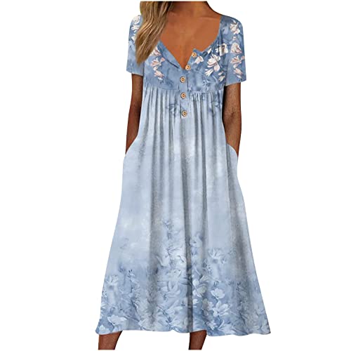 Elegant Kleider Damen A-Linie Sommerkleid Knielang V-Ausschnitt Kleider Rundhals Casual Midikleid mit Taschen Blumenkleid Plissee Loose Strandkleid Vintage Boho Maxikleider für Frauen von EMATOP