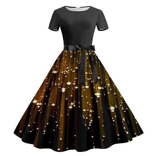 Faltenrock Damen Elegant A-Linie Cocktailkleid Kurzarm Vintage Weihnachtskleid Festliches Rockabilly Kleider Knielang Ballkleid Hohe Taille Weihnachten Kleid Lustig Minikleid Petticoat von EMATOP