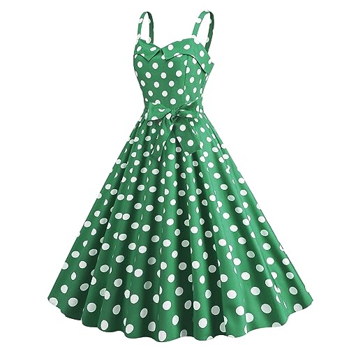 Festlich Kleid Damen 50er Jahre Vintage Rockabilly Kleider Ärmellos Spaghettiträger Partykleid Polka Dot Swing A-Linie Cocktailkleid V-Ausschnitt Minikleid mit Gürtel Ballkleid Faltenrock von EMATOP