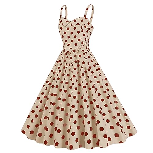 Festlich Kleid Damen 50er Jahre Vintage Rockabilly Kleider Ärmellos Spaghettiträger Partykleid Polka Dot Swing A-Linie Cocktailkleid V-Ausschnitt Minikleid mit Gürtel Ballkleid Faltenrock von EMATOP