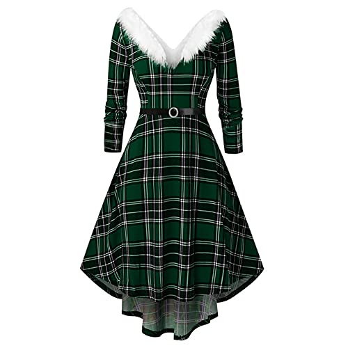 Festliches Kleid Damen 1950er Retro Rockabilly Weihnachtskleid Lustige Kariertes Cocktailkleid Langarm Elegant Partykleid Hohe Taille A-Linie Kleider Plüsch V-Ausschnitt Winterkleider von EMATOP