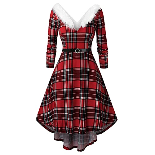 Festliches Kleid Damen 1950er Retro Rockabilly Weihnachtskleid Lustige Kariertes Cocktailkleid Langarm Elegant Partykleid Hohe Taille A-Linie Kleider Plüsch V-Ausschnitt Winterkleider von EMATOP