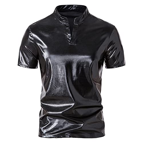 Generic Herren Leder T-Shirt Kunstleder Muskelshirt Top Lässig V-Ausschnitt Unterhemden Wetlook Lack-Optik Kurzarm Shirt Mode Stehkragen Oberteile Regular Fit Poloshirt Sportshirt von EMATOP