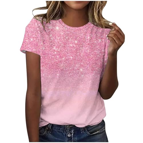 Glitzer Oberteile Damen Party Elegant Tshirt Sommer Lässig Tunika Tops Rundhals Mode Kurzarm Shirt Vintage Pailletten Sommershirts Casual Sport Laufshirt Longshirt Warehouse Deals Angebote von EMATOP