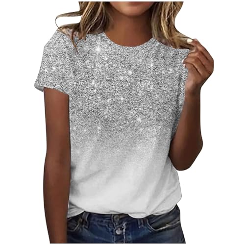 Glitzer Oberteile Damen Party Elegant Tshirt Sommer Lässig Tunika Tops Rundhals Mode Kurzarm Shirt Vintage Pailletten Sommershirts Casual Sport Laufshirt Longshirt befristetes Angebot Heute von EMATOP