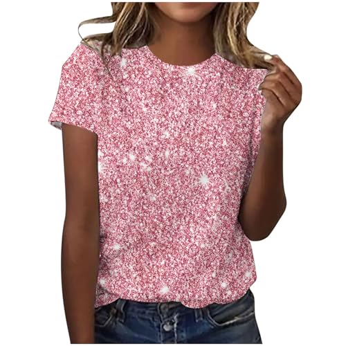 Glitzer Oberteile Damen Party Elegant Tshirt Sommer Lässig Tunika Tops Rundhals Mode Kurzarm Shirt Vintage Pailletten Sommershirts Casual Sport Laufshirt Vintage Leicht Bluse Longshirt von EMATOP