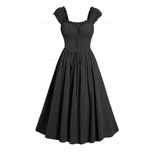 Gothic Kleid Damen Elegante Ärmellos Partykleid Vintage Halloween Kostüm Retro Renaissance Mittelalter Kleider Korsett Abendkleid Hohe Taille A-Linie Cocktailkleid Karneval Ballkleid von EMATOP
