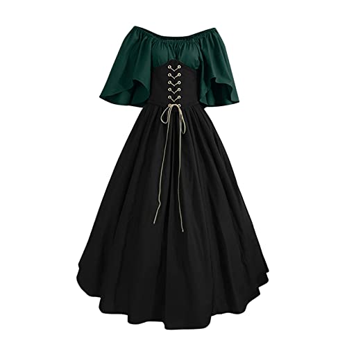 Gothic Kleid Frauen Lange Vintage Mittelalterkleid Casual Kurzarm Ballkleid Plissee Cocktailkleid Halloween Karneval Kostüm Elegant Partykleid A Linie Abendkleid Schnüren Korsett Maxikleid von EMATOP