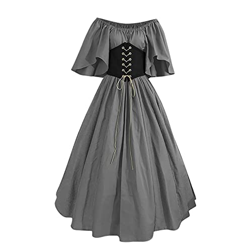 Halloween Karneval Kostüm Damen Kurzarm Gothic Kleider Retro Elegant Ballkleid Plissee A Linie Partykleid Einfarbig Festliche Cocktailkleid mit Korsett Mittelalter Kleidung Abendkleid von EMATOP