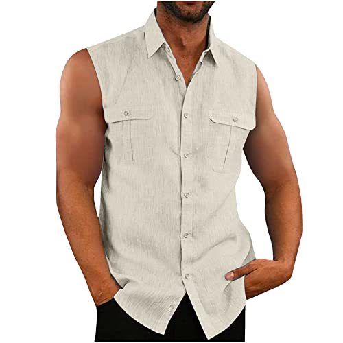 Hemd Herren Ärmellos Sommer Tank Top Stringer Fitness Muskelshirt Baumwolle Leinen T-Shirt Casual Einfarbig Tankshirt Leicht Atmungsaktiv Hemdbluse Weste Shirts für Männer Funktionsshirt von EMATOP