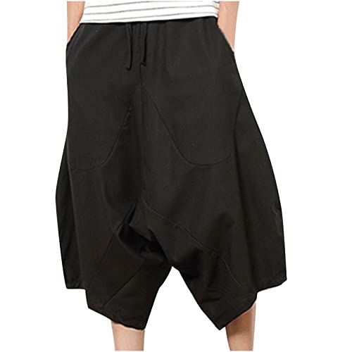 Herren 3/4 Haremshose Lässig Leicht Caprihose Boho Sommerhose mit Taschen Leinenhose Baggy Loose Fit Pluderhose Elastische Taille Cargohose Einfarbig Jogginghose Weites Bein Hosen von EMATOP