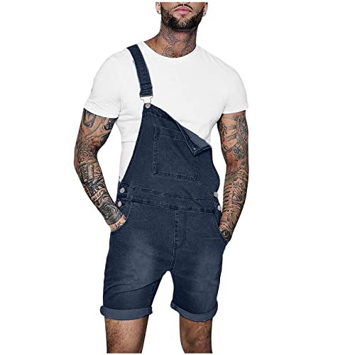 Herren Latzhose Overall Jeans Shorts Sommer Kurze Hosen Stilvoll Jumpsuit mit Taschen Denim Hose Verstellbare Träger Kurze Jeanshose Lässiges Regulär Fit Arbeitshose Overalls von EMATOP