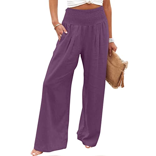 Hosen Damen Sommer Leinenhose Casual Loose Hose Einfarbig Basic Stoffhose Leicht Bequeme Freizeithose Strandhose GroßE GrößEn Atmungsaktive Gummibund Caprihose Pants Mit Tasche von EMATOP